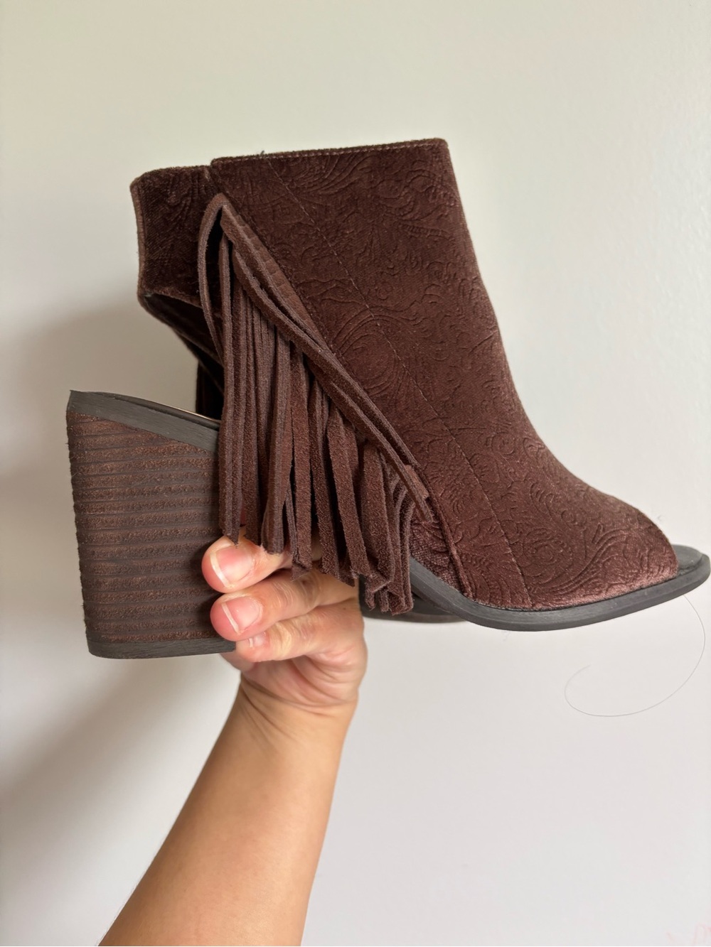 Brown Suede Fringe Peep-Toe Block Heel Mules by Very Volatile USA